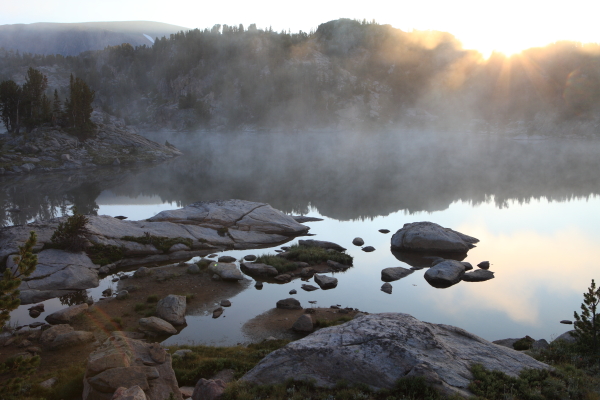 Sunrise, fog; Echo Lake, Beartooth Mtns, MT