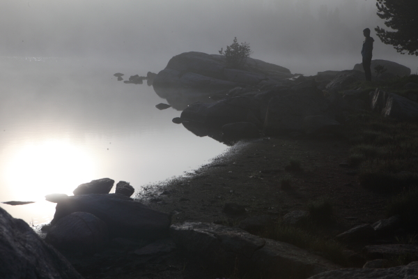 Sunrise, fog; Echo Lake, Beartooth Mtns, MT