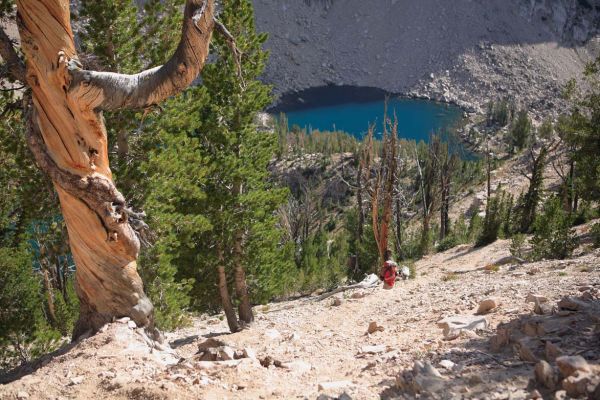 Descending from the saddle to Warbonnet Lakes basin.
