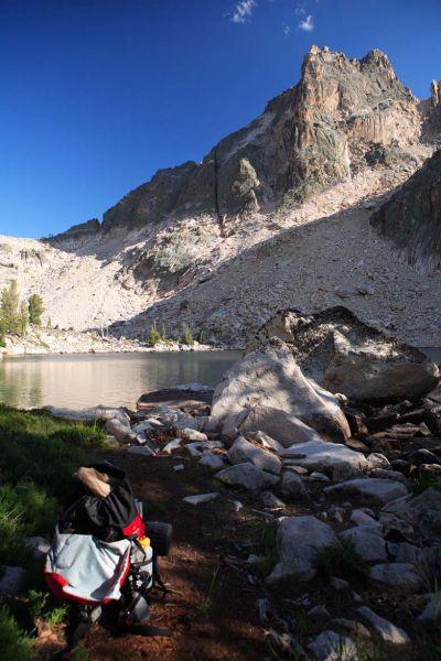 Packrat Peak looms above Warbonnet Lake as seen from the isthmus between the lakes.
