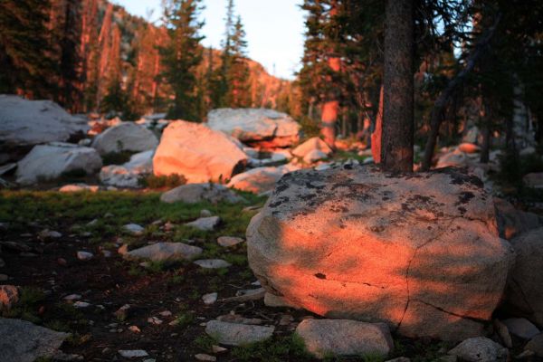 Granite boulder above Feather Lakes; sunset.
