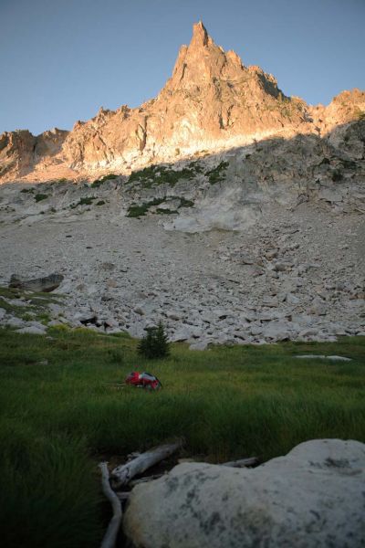 Morning; meadow and peak southeast of Feather Lakes.
