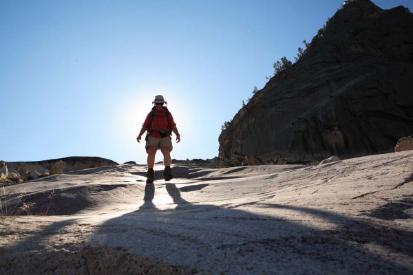 Descending friction slabs at the base of Blue Rock Butress.
