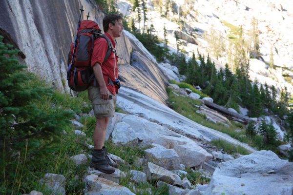 From Feather Lakes, our route contoured around Blue Rock Buttress, then ascended southeast, well above Blue Rock Lake.
