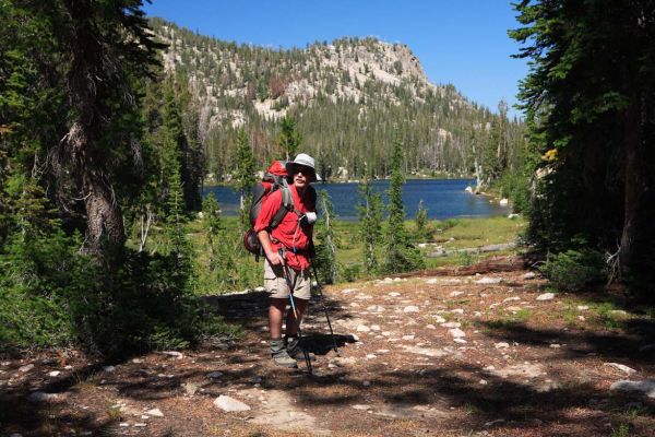 Fred pauses at Upper Redfish Lake to see from whence we came.  The toughest stretch still lies ahead!
