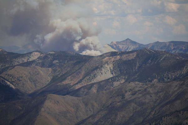 White Mountain behind and right (southeast) of the Shower Bath fire burning 18 miles northwest of Challis.
