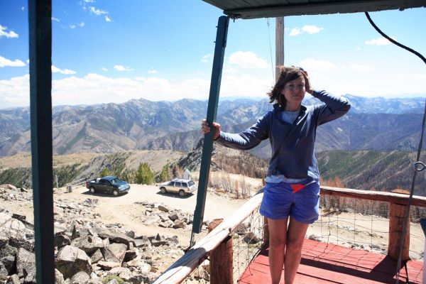 Buffeted by the wind on the southeast corner of the lookout, Val stubbornly refuses to have a bad hair day.
