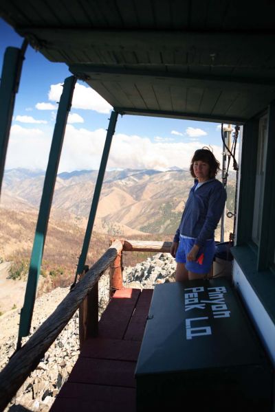 Val on the north balcony; the Shower Bath fire burns to the east.
