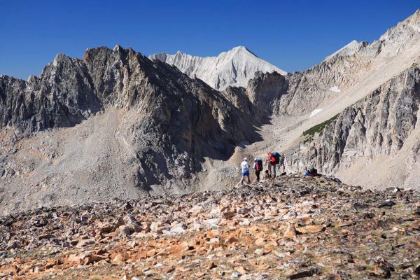 D.O. Lee Peak lined up in the high saddle formed by WCP-10 (on the left) and Calkens Peak (just out of frame on the far right) from the plateau above and southwest of Railroad Ridge.  The pyramid summit of WCP-9 is barely visible right of D.O. Lee; thanks Dave Pahlas for clearing that up!
