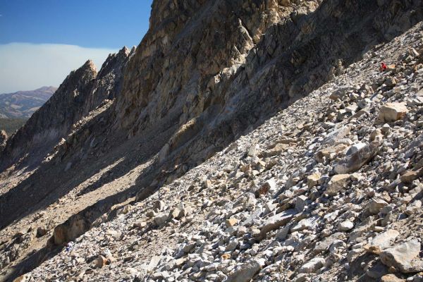 Ascending talus to the ridge.
