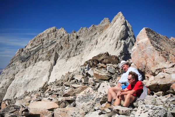 Avoiding the wind on the ridge south of Peak 11238; the apex of the 90 degree corner of the Chinese Wall.
