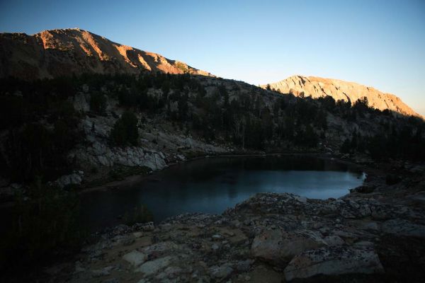 The last rays of daylight on the ridge above Quartzite Lake north of camp.
