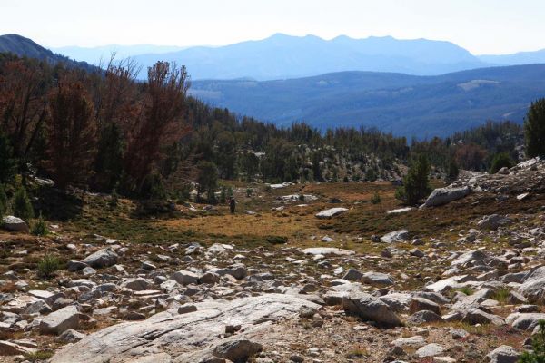 Debbie, Caroline, and Tugie set off cross country southeast down the Gunsight Creek drainage.
