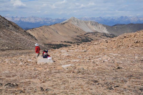 Looking into Ants Basin from the saddle between Born Lakes and Four Lakes Basin.  The Sawtooth Range is seen on the horizon.
