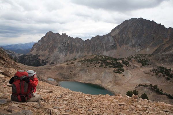 Merriam Peak, The Serrate Ridge, and Castle Peak rise above Four Lakes Basin.
