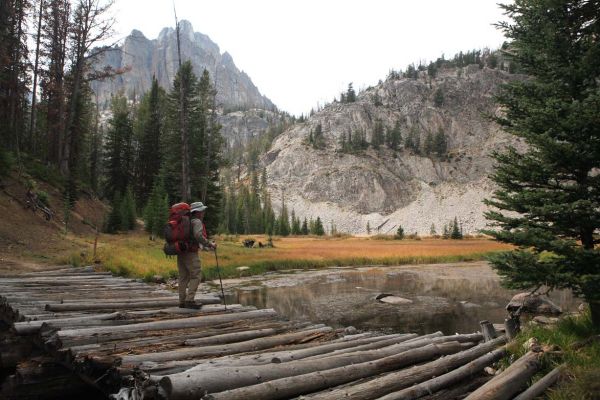 Abandoned mining road bridge below Merriam Peak south of Baker Lake.
