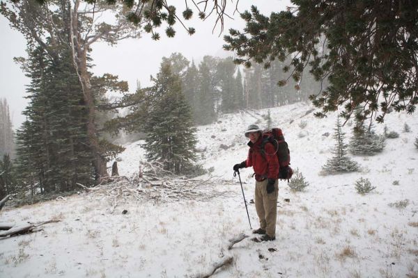 Locating the trail east of Castle Lake as the snow continues falling.
