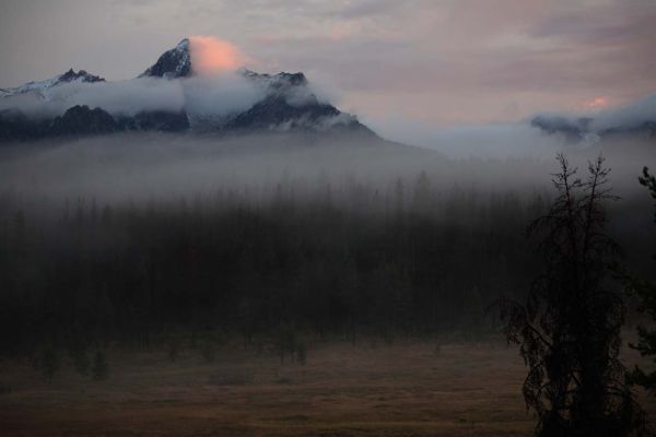 Convective fog hovers over meadow below McGown Peak in fading sunlight southwest of Park Creek Overlook.
