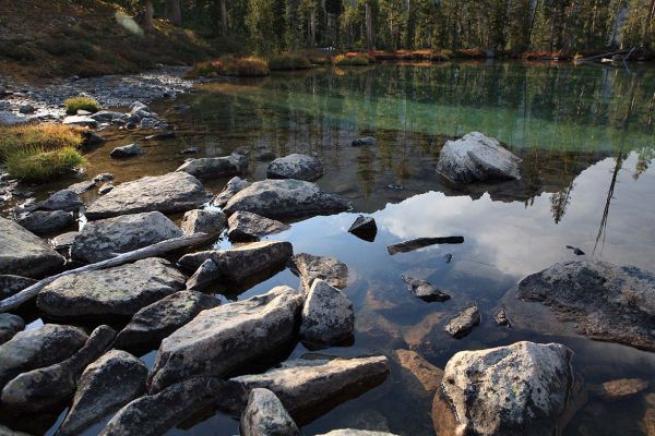 Inlet creek, and camp to the west, lakelet at 8607'.
