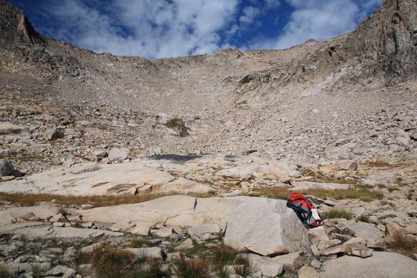 Basin below South Ridge of Decker Peak.  Most boulders can be avoided by moving left, then right, then climbing the headwalls right of center. 
