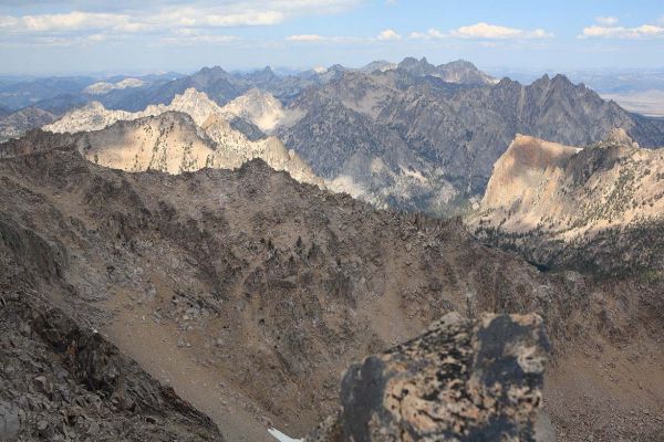 Quartzite Peak (left) and Braxon Peak (right) form the rear and brighter of the two sunlit ridges on the left.
