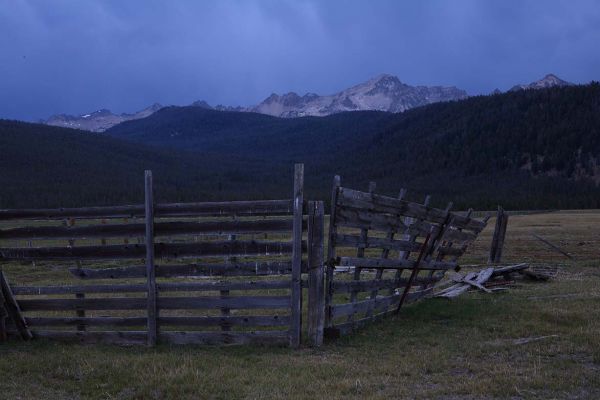 Corral in fading light at Decker Flat below Huckleberry Creek Drainage.
