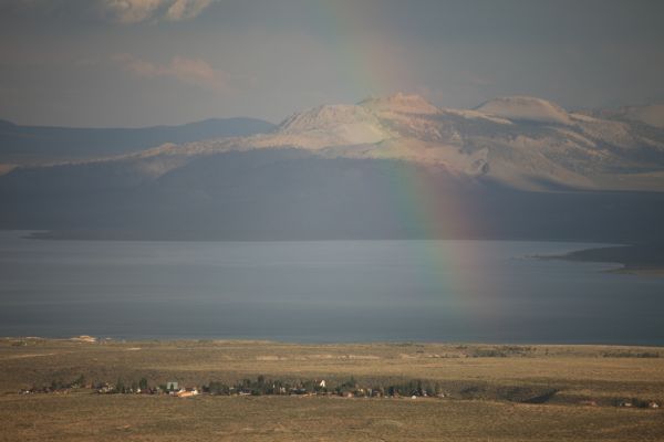 Rainbow above Lee Vining and Mono Lake from Conway Summit, Highway 395.
