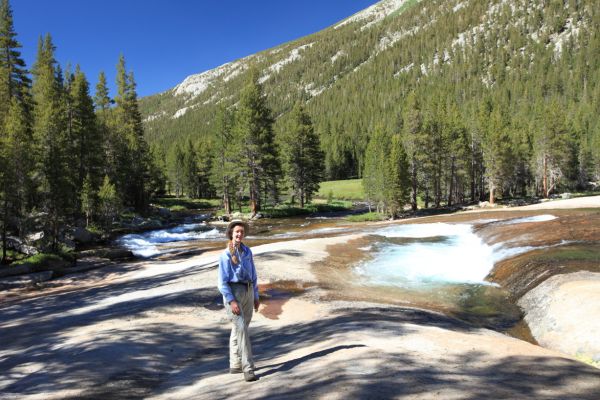 We investigate a cascade along the Lyell Fork about a mile before our turnoff which climbs southwest, alongside Ireland Creek.
