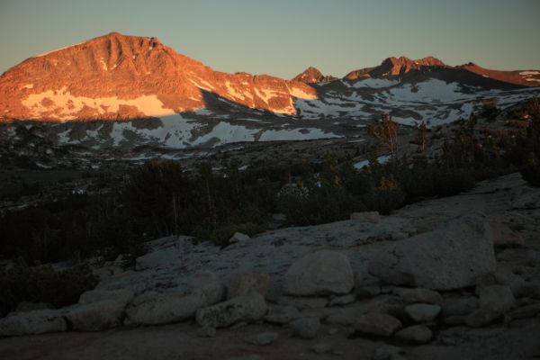 It is now 9:10 pm.  South of our camp, the last direct sunlight on Amelia Earhart Peak.  Mt. Lyell, the highest point in Yosemtie, is in the background, just right of center.  Ireland Lake lies in front of Amelia Earhart Peak.
