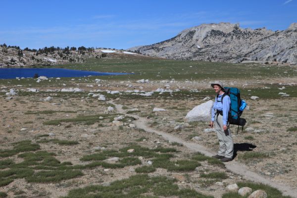 The Professor pauses above Evelyn Lake; 10334'.
