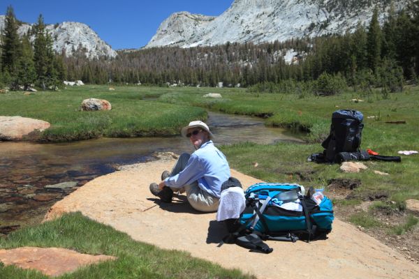 We take off our boots and cross Fletcher Creek around 9360'.  It feels great!
