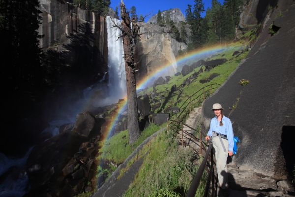 The "Mist Trail" is best early in the season.  It can drench hikers, but is usually welcomed by those ascending the steep rock steps on a warm day.  As long as I can remember, I have always seen a rainbow here.  This photo is on our return trip, after our whirlwind tour on the Valley floor. a little over 5 hours after the previous photo was taken.  Low angle frontal light intensifies the rainbow and the green grass.  I didn't end up taking any photos from the Valley floor!
