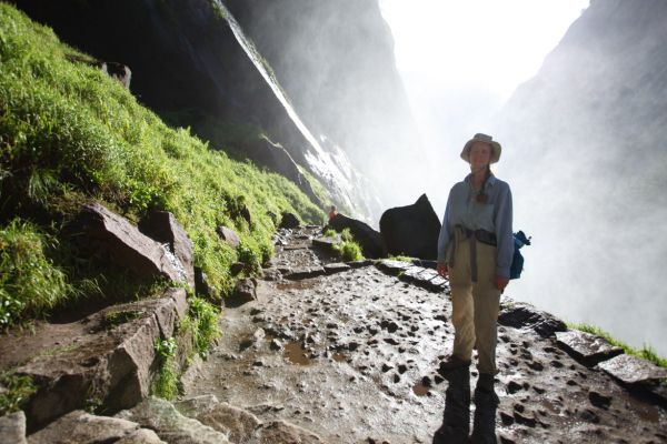 We took a short cut trail just above Vernal Falls that joins the John Muir Trail above the worst section of tedious switchbacks.  Clouds of spray from Nevada Falls rain on the trail, backlit by the setting sun.
