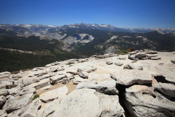 16mm wide angle view from the summit of Half Dome west, southwest past the Merced River Drainage, and beyond the Clark Range.
