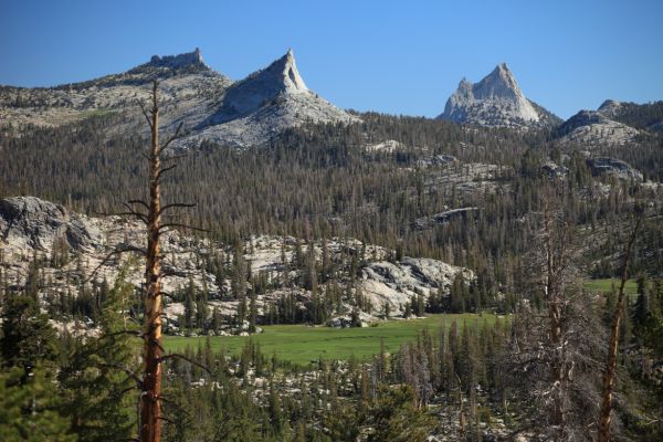 From left to right, Tresidder Peak, Columbia Finger, and Cathedral Peak above Sunrise High Sierra Camp and Long Meadow.
