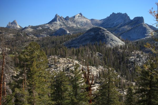 From left to right, Cathedral Peak, Echo Peaks, and The Cockscomb; Cathedral Range from the Sunrise Trail, south of Long Meadow.
