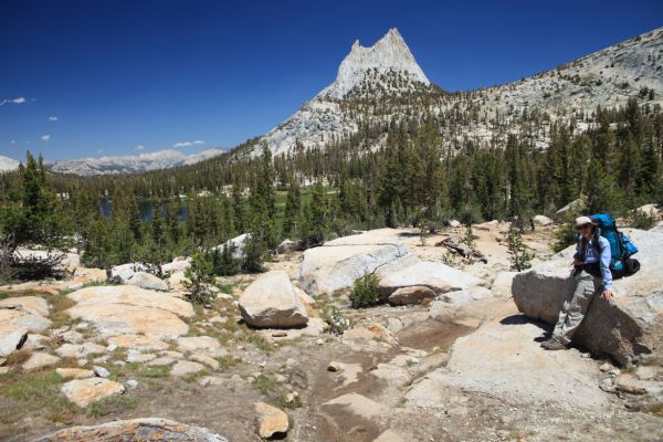 Cathedral Peak and upper Cathedral Lake from 9700' Cathedral Pass.
