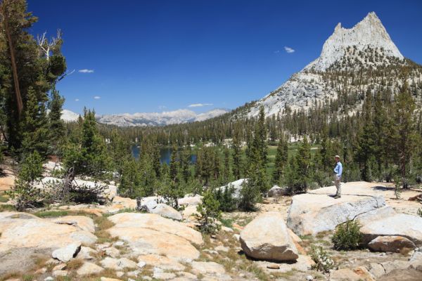 Cathedral Peak and upper Cathedral Lake from 9700' Cathedral Pass.
