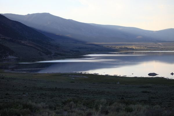 West, toward Lee Vining and the Sierra from the south shore of Mono Lake.
