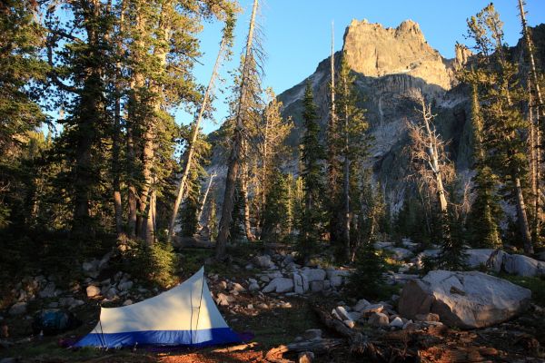 Mayan Temple catches the last sunlight above camp between Warbonnet and Feather Lakes.
