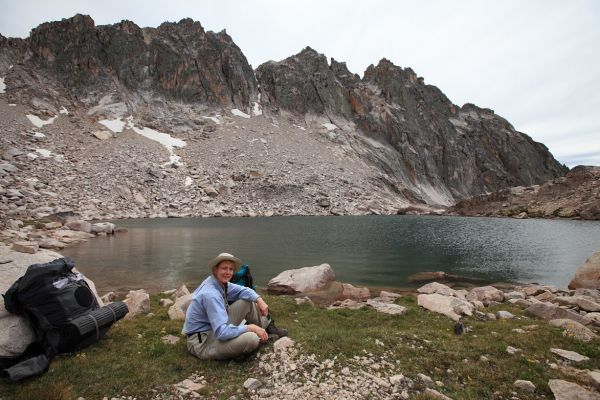 An ascent of the benches above the friction slabs leads to a tarn in a cirque northwest of lake 9352.
