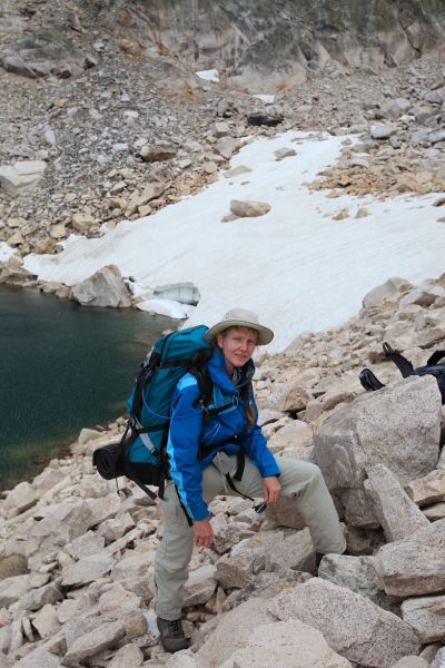 At 9450' the saddle between Lake 9352 and Packrat Lake is the lowest elevation on the three major cross country passes we crossed, but its remote location and snowfield made it seem like the highest.
