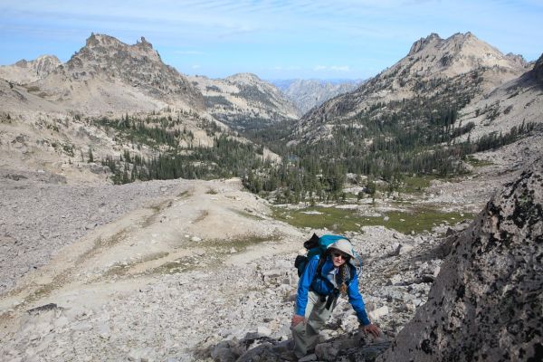 Some steep boulder hopping leads to the loose, steep scree slope, and up to the saddle north of Reward Peak.
