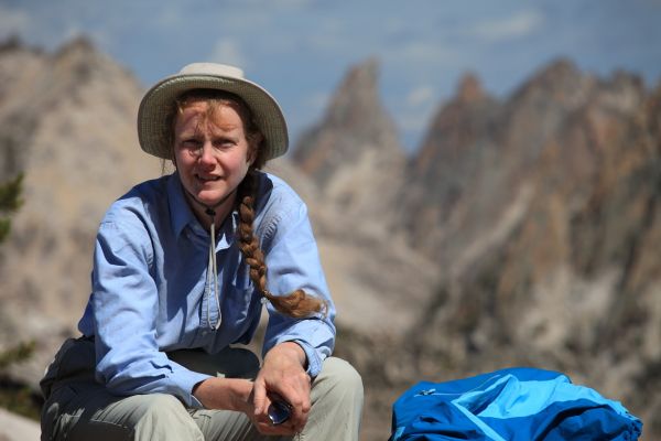 The familiar form of Warbonnet Peak seen in the background to the north from the saddle north of Reward Peak.
