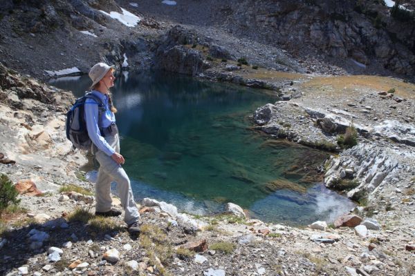 This uppermost tarn before reaching the Thompson Peak basin was perhaps the most striking with its waterfall hidden in a rock cleft at the outlet.
