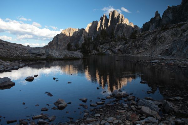 The upper lake in the cirque below the east face of Thompson Peak.
