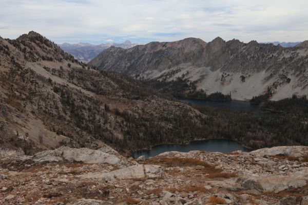 Looking back at Twin Lakes.  Castle Peak can be seen on the horizon, across Sawtooth Valley, in the distant White Clouds.
