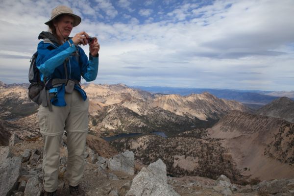 The Professor checks a photo from the summit shortly after 3 pm.  To the north, Toxaway Lake, and the trail heading down the valley to the northeast give us a pretty good indication we will probably be walking out in the dark again!
