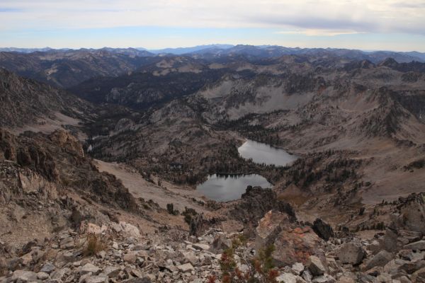 From the summit, unnamed lakes at 9167' and 9050' to the south.
