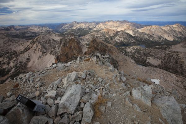 The view north from the summit.  Ammo can in left foreground contains summit register.
